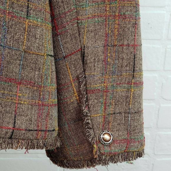 Sag Harbor Woman Tweed Blazer Women's Size 18W Brown Plaid Fringe Detailing - Picture 5 of 10